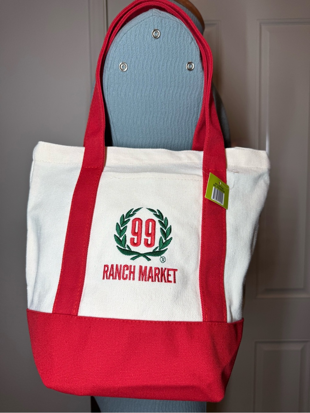 ZIPPERED Mini Tote 99 Ranch Market Red Green logo on Cream with Green Zipper